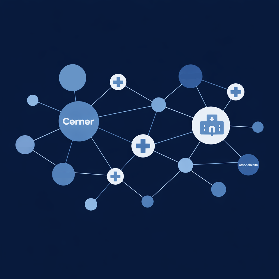 EHR vendor network graph showing Epic connected to health systems and hospitals