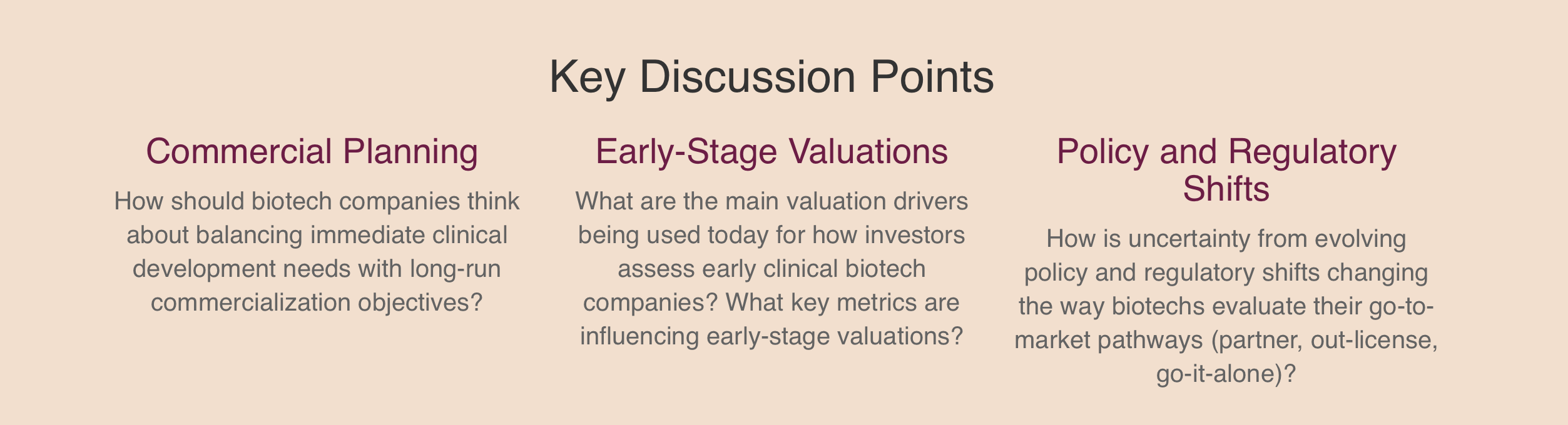 Key discussion points — Commercial Planning, Early-Stage Valuations, Policy and Regulatory Shifts